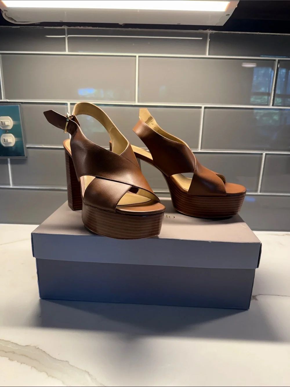 Michael Kors Brown Leather Platform Slingback Heels